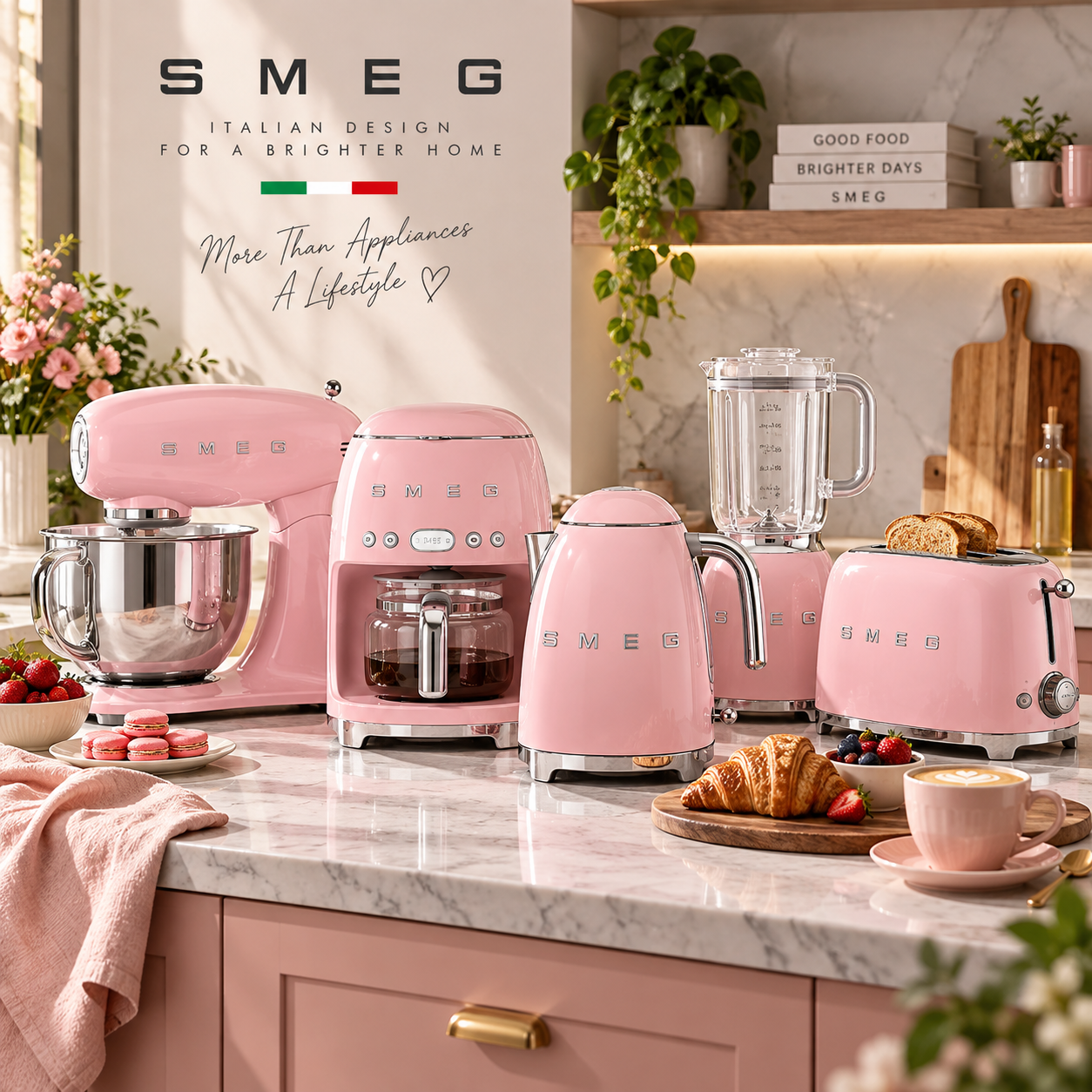 Complete pink Smeg retro kitchen collection on a marble worktop